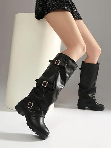 Kekonaca Fold Over Boot Combat Platform Buckle Low Heel | Slouchy Knee High Vintage Boots Grunge Alt Punk Gothic Moto Biker Boot Casual Club Festival Rave Going Out Wide Calf Boots thumbnail 6