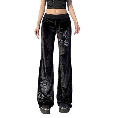 Inpunktoo Y2k Goth Velvet Bell Bottom Pants for Woman Drawstring Flared Punk Low Waisted Wide Leg Lounge Comfy Gothic - Image 1