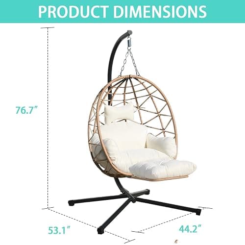 Jadoxy Hanging Egg Chair with Leg Stand, Indoor/Outdoor Swing Egg Chair Hammock Basket Seat Chair with Cushion for Porch Balcony Garden Patio (Ribbon+Rattan, Yellow+White) thumbnail 2
