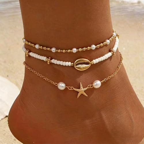 Smilelife Seashell Ankle Bracelets for Women Starfish Bracelets Layered Boho Puka Shell Anklet Cowrie Shell Bracelets Hawaiian Summer Beach Foot Chain Jewelry - Image 1