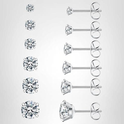 6 Pairs Stud Earrings Set, Hypoallergenic Cubic Zirconia 316L Earrings Stainless Steel CZ Earrings 3-8mm (Steel color) thumbnail 10