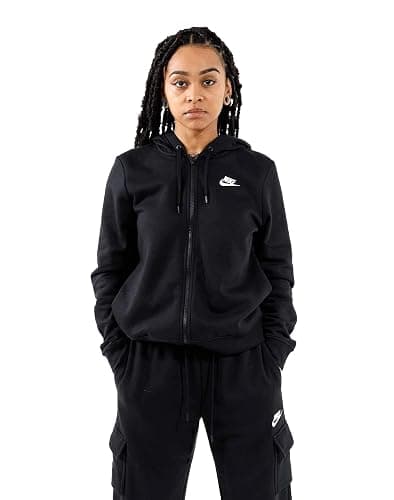 Nike Women's NSW Fleece Hoodie Full Zip Varsity, Black/Black/White, Large - Image 1