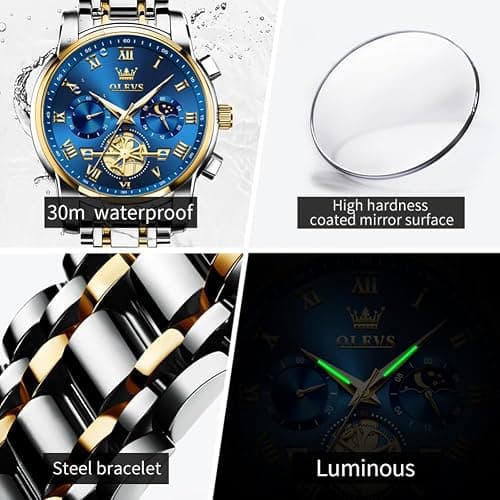 OLEVS Mens Watches Waterproof Stainless Steel Adjustable Bracelet Watch Quartz Analog Watch for Men Fashion Business Classic Mens's Wrist watch's Casual Watches Gold/Blue/Black/White/Face/Dial thumbnail 8