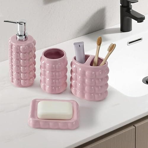 4 Piece Ceramic Bathroom Accessories Set –Soap Dispenser,Toothbrush Holder,Tumbler & Soap Dish,Includes Silicone Funnel,Non-Slip,Modern Farmhouse Countertop Organizer Set for Bathroom Decor, Pink thumbnail 2