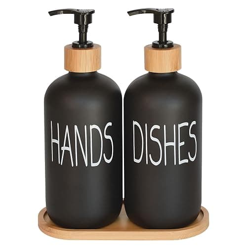 Glass Soap Dispenser Set. Hand and Dish with Bamboo Tray. Vintage Pump for Kitchen Sink Bathroom. Stylish Permanent Labels (Matte Black) - Image 1