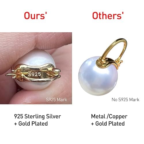 OwMell Elegant 925 Sterling Silver Pearl Drop Earrings Dangle Stud Gold Plated Earrings for Women Large Size 12mm thumbnail 2