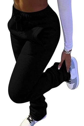 Famnbro Women Stacked Sweatpants Thick Warm Fleece Lined Pants Drawstring Waist Ruched Active Joggers - Image 1