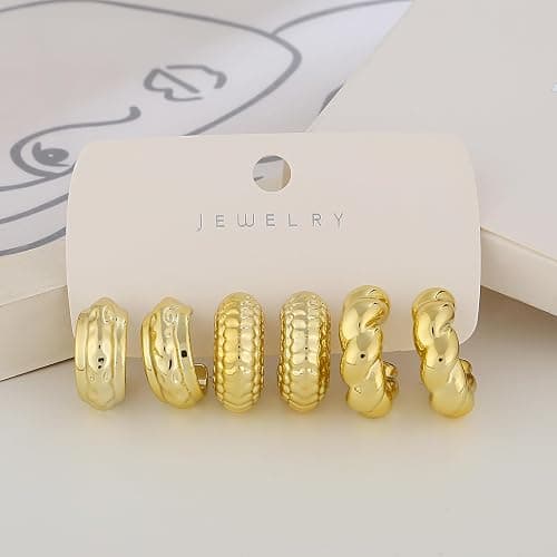 FOURPG 10 Pairs Hypoallergenic Chunky Gold Dangle Earrings for Women Trendy Thick Gold Plated Hoop Earrings Set Lightweight Jewelry thumbnail 9
