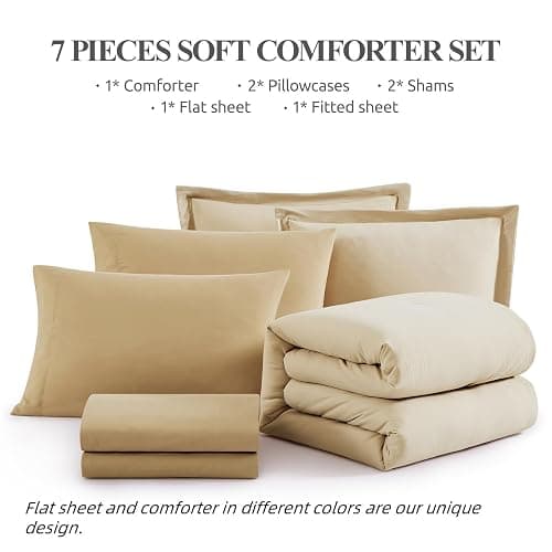 WRENSONGE Full Size Comforter Set- 7 Pieces Soft Beige Bed in a Bag Full with Fitted Sheet, Flat Sheet, 2 Pillow Shams, 2 Pillowcases, Warm Bedding Sets for All Season thumbnail 7