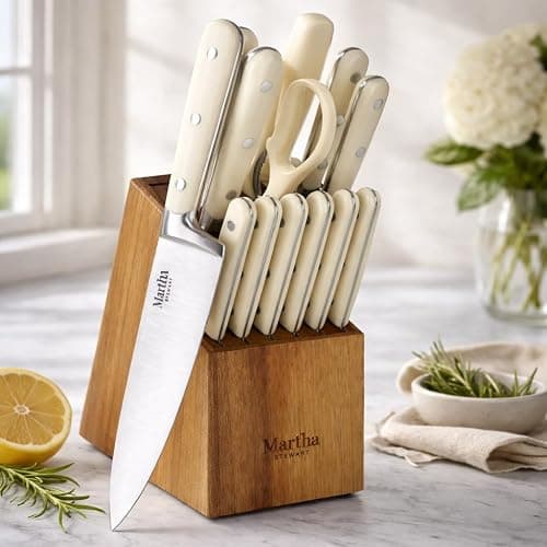 MARTHA STEWART Eastwalk 14 Piece High Carbon Stainless Steel Cutlery Kitchen Knife Block Set w/ABS Triple Riveted Forged Handle Acacia Wood Block - Linen White thumbnail 3
