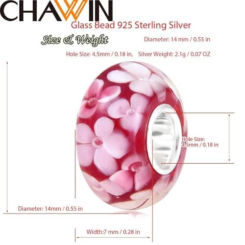 Murano Glass Charms Authentic 925 Sterling Silver Charms Core Red Flower Pink Love Heart White Yellow Glass Beads fit Pandora Style Bracelet for Women Wife Anniversary DIY Gift thumbnail 2