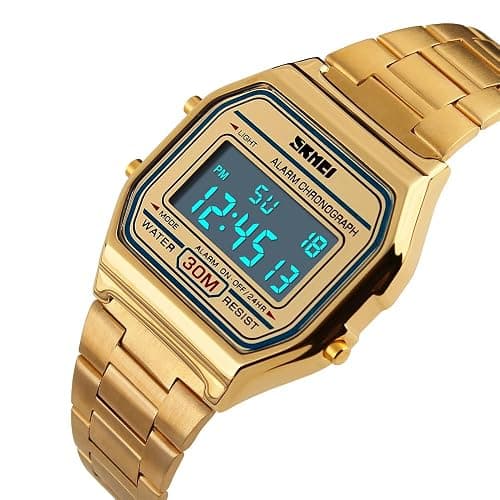 PASOY Men's Digital Gold Stainless Steel Watch Backlit Multifunction Stopwatch Waterproof Sport Watches thumbnail 3