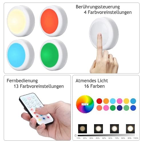 HELPLEX Unterbauleuchten, 6 RGBW Kabellose Schrankbeleuchtung RGBW 16 Farben LED Nachtlicht mit Fernbedienung und Timing-Funktion, Batteriebetriebene Schrankleuchten Beleuchtung Dimmbar Treppenlicht thumbnail 7