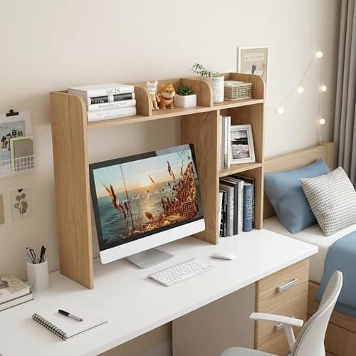 Tangkula Desktop Bookshelf, Countertop Storage Hutch with 5 Shelves for Computer Desk, 3-Tier Display Rack, Multipurpose Wood Storage Organizer for Dorm Office Home thumbnail 5