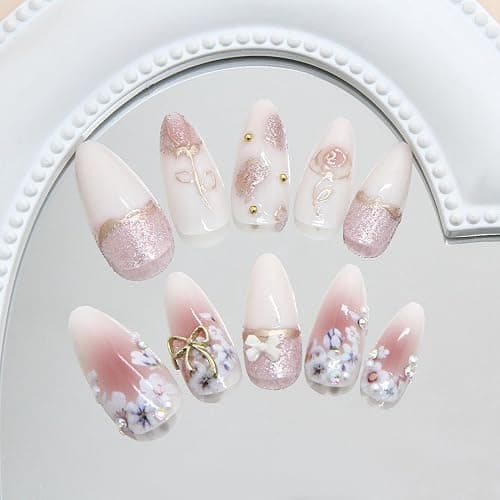 24Pcs Flower Press on Nails Medium Almond Fake Nails with Bow Rhinestones Designs Pink Acrylic Nails Glitter Glue on Nails Cute Floral False Nails Rose Flowers Stick on Nails for Women Nail Supplies thumbnail 2