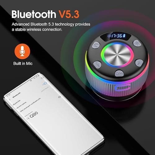 Bluetooth Shower Speaker, Portable Bluetooth 5.3 Speakers Wireless with Time Display, IP7 Waterproof Speakers with RGB Light, Suction Cup, Mini Stereo Speaker for Bathroom Party Beach Gifts, Grey thumbnail 6