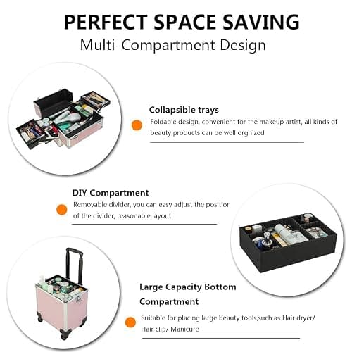mefeir 4 in 1 Rolling Makeup Train Case, Aluminum Makeup Travel Organizer Cosmetic Case, Cosmetology Display Suitcase on Wheels, Beauty Storage Luggage Lockable w/4 Removable Wheels (Pink) thumbnail 4