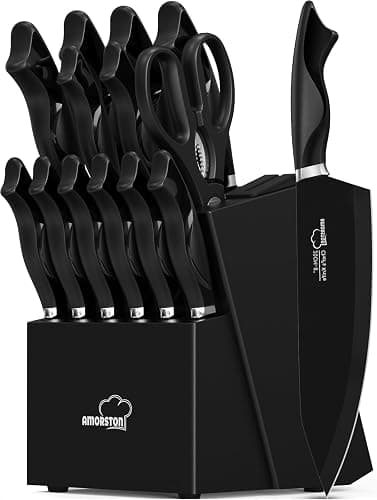 Knife Set, 15 Pieces Kitchen Knife Set with Built in Sharpener, German High Carbon Stainless Steel Knife Block Set, Dishwasher Safe, Black - Image 1