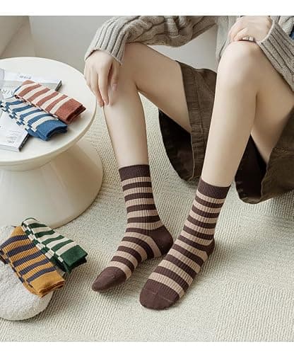 FORJMMP 5/10 Pairs Retro Style Colorful Striped Socks, Cute Athletic Crew socks for Women thumbnail 2