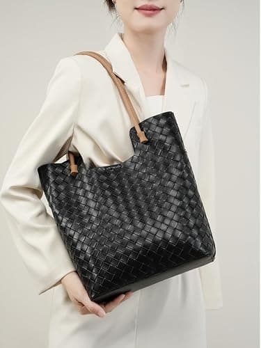 Mewpurrs Woven Leather Tote Bag for Women | Lightweight Structured Shoulder Handbag for Work and Travel thumbnail 5