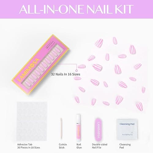 LAMIMOSA 32Pcs Press On Nails Short Almond – Soft Gel Fake Nails in 16 Sizes, Stripe Design Glue on Nails, Pink Stick On Nails kit, Spring Summer Artificial Nails, CANDY STRIPES thumbnail 5