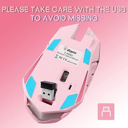 VEGCOO Pink Wireless Gaming Mouse, Silent Click Wireless Mouse with Colorful RGB LED Lights, Rechargeable Computer Mice with Side Buttons and 3 Level DPI, for Laptop and Desktop thumbnail 5