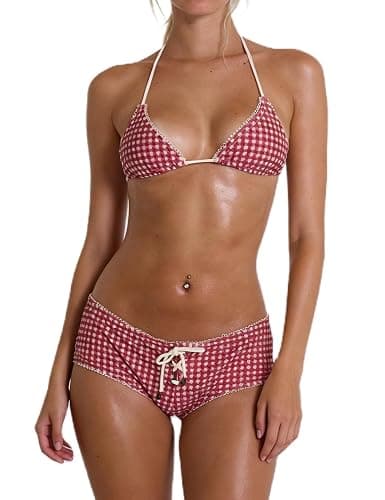 Sunloudy Women's Bikini Shorts Sets Halter Triangle Top Micro Boyshorts | Gingham Swimsuit with Shorts,Polka Dots Boyshort Bikini Set,2 Piece Cheeky Boyshort Swimsuits, Y2K Bikini Pool Beachwear - Image 1