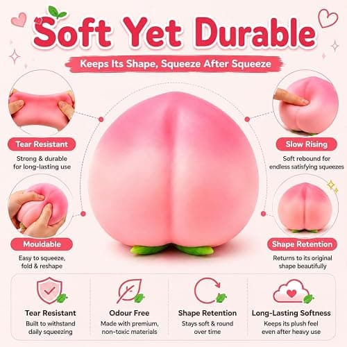 Squeezy Peach Squishy Jumbo, Giant Slow Rising Peach Stress Ball (6" 1pc) | Peach Peach Toys Slow Rising Soft Peach Fruit Toy, Stress Relief Squishy thumbnail 4