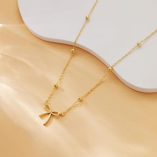 Thaivor Gold Necklace for Women Dainty Bow Necklace 14K Gold Plated Cute Choker Necklace Small Bow Pendant Charm Necklaces Teen Gift Trendy Stuff Personalized Jewelry Gifts thumbnail 3