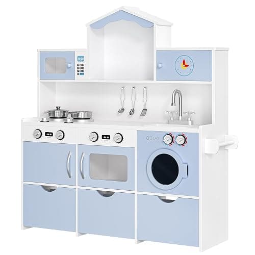 Keyluv Wooden Play Kitchen for Kids and Toddler, Montessori Toy Kitchen Playset with Plenty of Pretend Play Features and Storage Drawers, Gift for Boys and Girls, Blue thumbnail 9