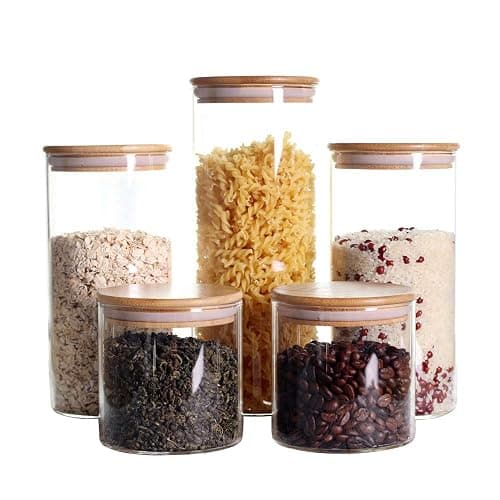 LEAVES AND TREES Y Stackable Kitchen Canisters Set, Pack of 5 Clear Glass Food Storage Jars Containers with Airtight Bamboo Lid for Candy, Cookie, Rice, Sugar, Flour, Pasta, Nuts - Image 1