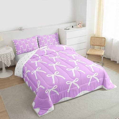 Erosebridal Purple Princess Bedding Set White Ribbon Bows Queen Comforter Set Purple White Coquette Bowknot Bedding Comforter Sets Elegant Aesthetic Bow Tie Quilt Duvet thumbnail 4
