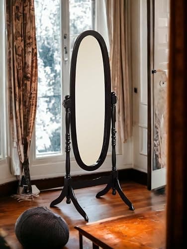 Liveasy Furniture Full Length Mirror with Stand, Vintage Wood Cheval Mirror, Adjustable Freestanding Floor Mirror (Black) thumbnail 2