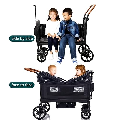 Luxury Wagon Stroller for 2 Kids & Cargo-Lightweight Foldable Travel Push Pull All-Terrain Double Wagon for Newborn&Toddler with 5-Point Harness,Adjustable Handle, Canopy,Tray Table,Cup Holder thumbnail 9