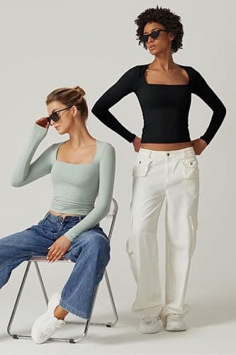 QINSEN Women's Sexy Square Neck Shirt Long Sleeve Double Lined Tees Fitted Going Out Tops thumbnail 7