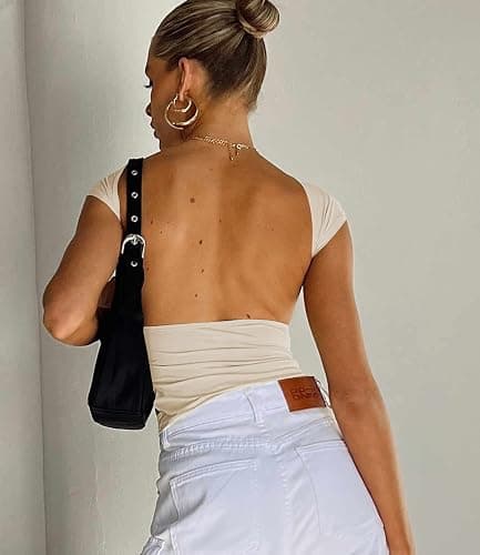 Arkim Top Dos Nu Femme [Matériaux Améliorés] Y2K Backless Top T-Shirts, Sexy Haut Dos Nu Tops Femme Ete Style Réversible thumbnail 4