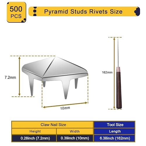 500Pcs 10mm Square Pyramid Studs for Clothing, Metal Claw Nailhead Spike Rivets Studs with Tool for Punk Rock Clothing Leather Shoes Bag DIY Craft Accessories (Silver) thumbnail 2