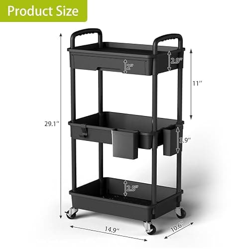 Sorgion 3 Tier Rolling Cart Organizer,Laundry Room Bathroom Organizers and Storage Office Shelves Mobile Shelving Unit Kitchen Trolley Cart with Wheels for Art,Craft,Diaper,Bedside,Snack(Black) thumbnail 3