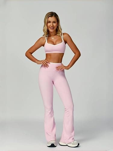 ABOCIW Workout Sets for Women 2 Piece Color Block Strappy Sports Bra High Waist Flare Leggings Gym Yoga Pilates Outfits thumbnail 2