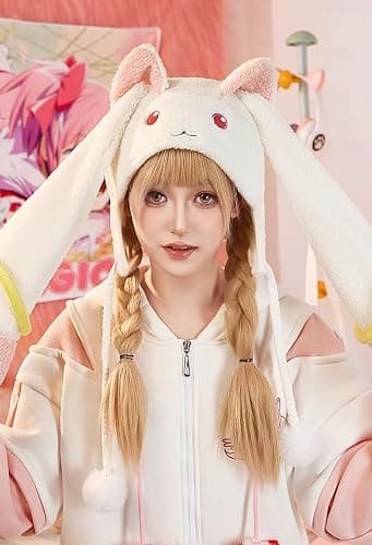 Micotaku Plush Hat Puella Magi Madoka Magica Kyubey Adorable Cosplay Accessory Pink and White thumbnail 6