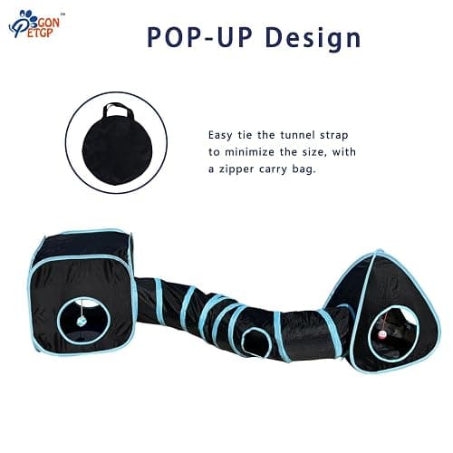 GONPETGP Cat Tunnels for Indoor Cats with Cube Tent Toys Combo, Pop Up Collapsible Crinkle Interactive Peek Hole, Cat Tube with Play Ball and Bell for Kitten, Puppy, Kitty, Rabbit - Set of 3 thumbnail 5