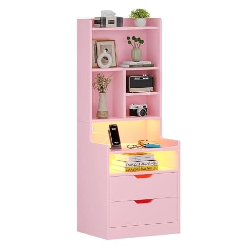 ADORNEVE Tall Nightstand Set of 2 with LED Lights,Pink | Tall Night Stand with Charging Station and Bookshelf,Bedside Table with Drawers,Side Tables Bedroom thumbnail 9