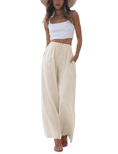 Faleave Women's Cotton Linen Summer Palazzo Pants Flowy Wide Leg Beach Trousers with Pockets - Small - Apricot - Image 1