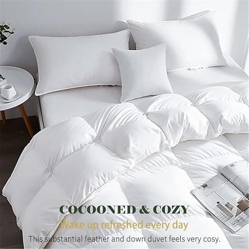 TOPGREEN Organic Feather Down Comforter Queen Size, All Season Duvet Insert with 100% Organic Cotton Cover, Medium Warm Bed Comforter with Corner Tabs (90x90, White) thumbnail 7