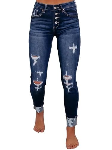 KUNMI Women's Ripped Skinny Slim Fit Jeans Frayed Distressed Stretchy Denim Pants - Image 1