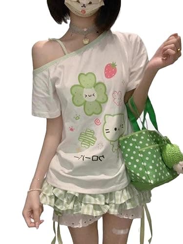 Y2K Harajuku Cartoon Print T-Shirts Gothic Women Cutecore Shirt Fashion Off Shoulder T Shirt Kawaii Sweet Girls Tees Tops - Image 1