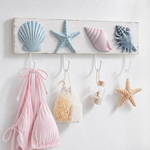 Tide and Tales Seashell Towel Rack, Beach Decor for Bathroom, Coastal Theme | 16.5", 3d Textured Seashells, 4 Strong Hooks, for Bathroom, Bedroom or Kitchen, Beach House Decor, Key Holder, Gift-Boxed thumbnail 2