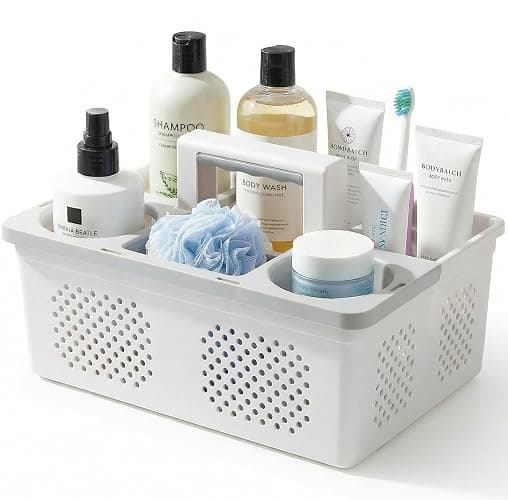 KMV Dorm Room Portable Shower Caddy with Adjustable Compartments - Ventilated Drainage Design with Handles, Perfect Toiletries Organizer for College Dorms-white - Image 1
