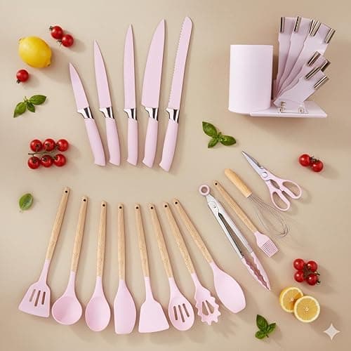 DANFFI 19-Piece Pink Kitchen Utensil Set – Silicone Cooking Tools with Wooden Handles, Non-Stick & Heat Resistant, Includes Knives, Scissors & Cutting Board – BPA-Free Kitchen Accessories thumbnail 4