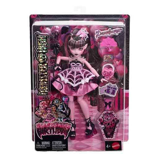 Monster High Scary Sweet Birthday Doll, Draculaura in Pink Party Dress with Themed Accessories Like Invite, Balloon, Gift, Fan and More thumbnail 9